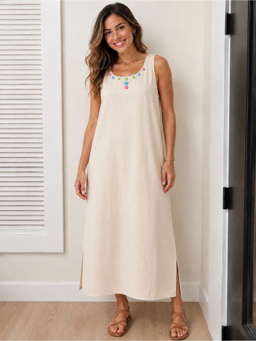 Las Olas Sleeveless Cream Maxi Dress with Colorful Embroidered Neckline XL